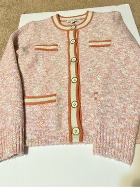 J. Crew Pink Tweed Cardigan with Orange & Cream Trim